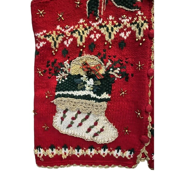 Vintage Christmas Sweater Vest Womens Large Beaded Embroidery Button Up Knit - Picture 4 of 10